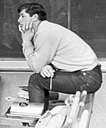 1970s SRJC student sits and thinks in a classroom 